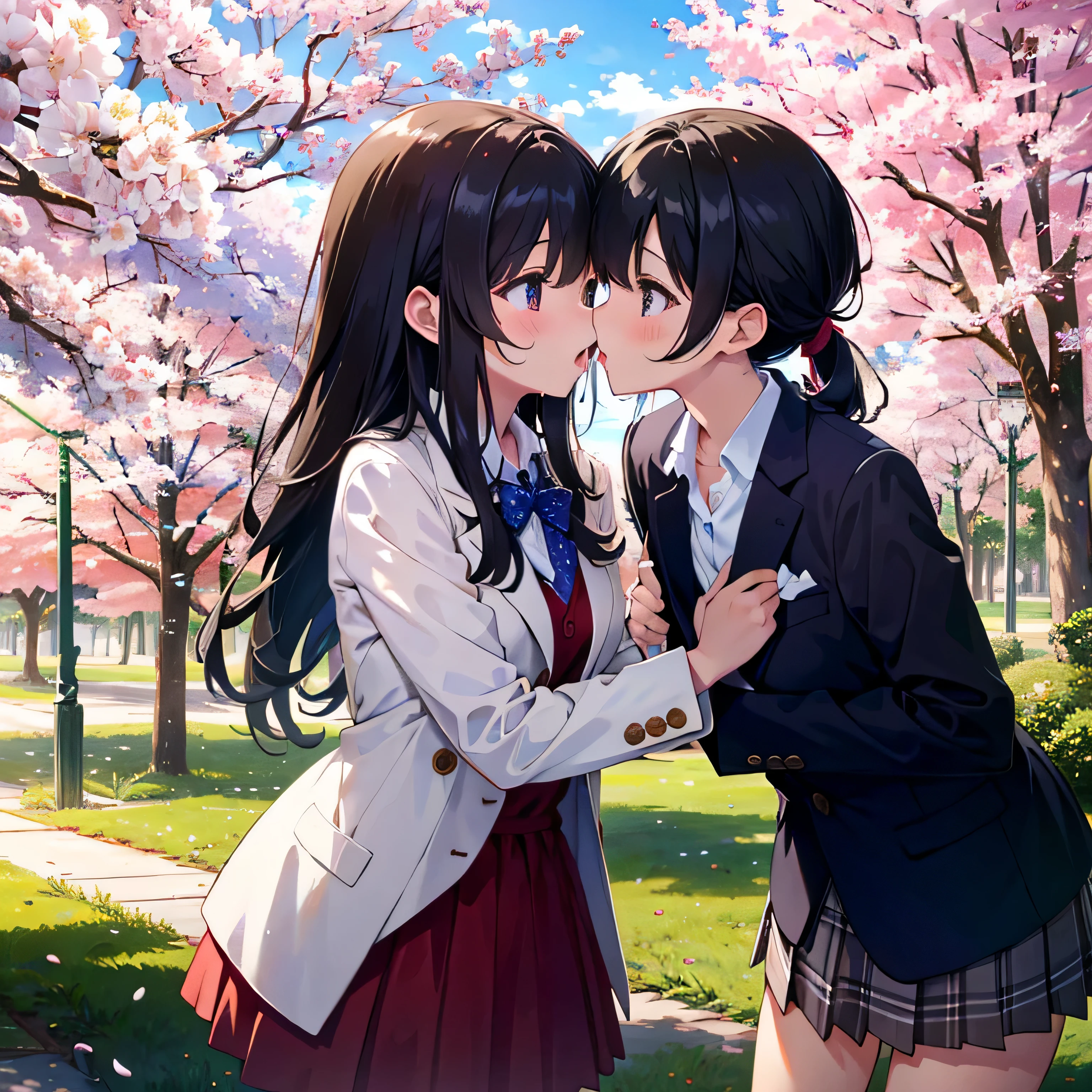 (Masterpiece, High Resolution, High Resolution, 16K Great Art, Masterpiece, Best Quality))), Park lined with cherry blossoms (Cherry blossom petals are dancing), ((2 girls) (blazer, miniskirt), jacket Open front, nipples), (Yuri, deep kiss between girls), very cute), 6 years old and 6 year old girl, straight hair, long hair (hair tied up), black hair, young, round face , (Baby face), (Short limbs 1.3), A girl is hugging each other in a park where cherry blossoms are falling, and they are having a deep, intense kiss. Drool is dripping from each other's lips.