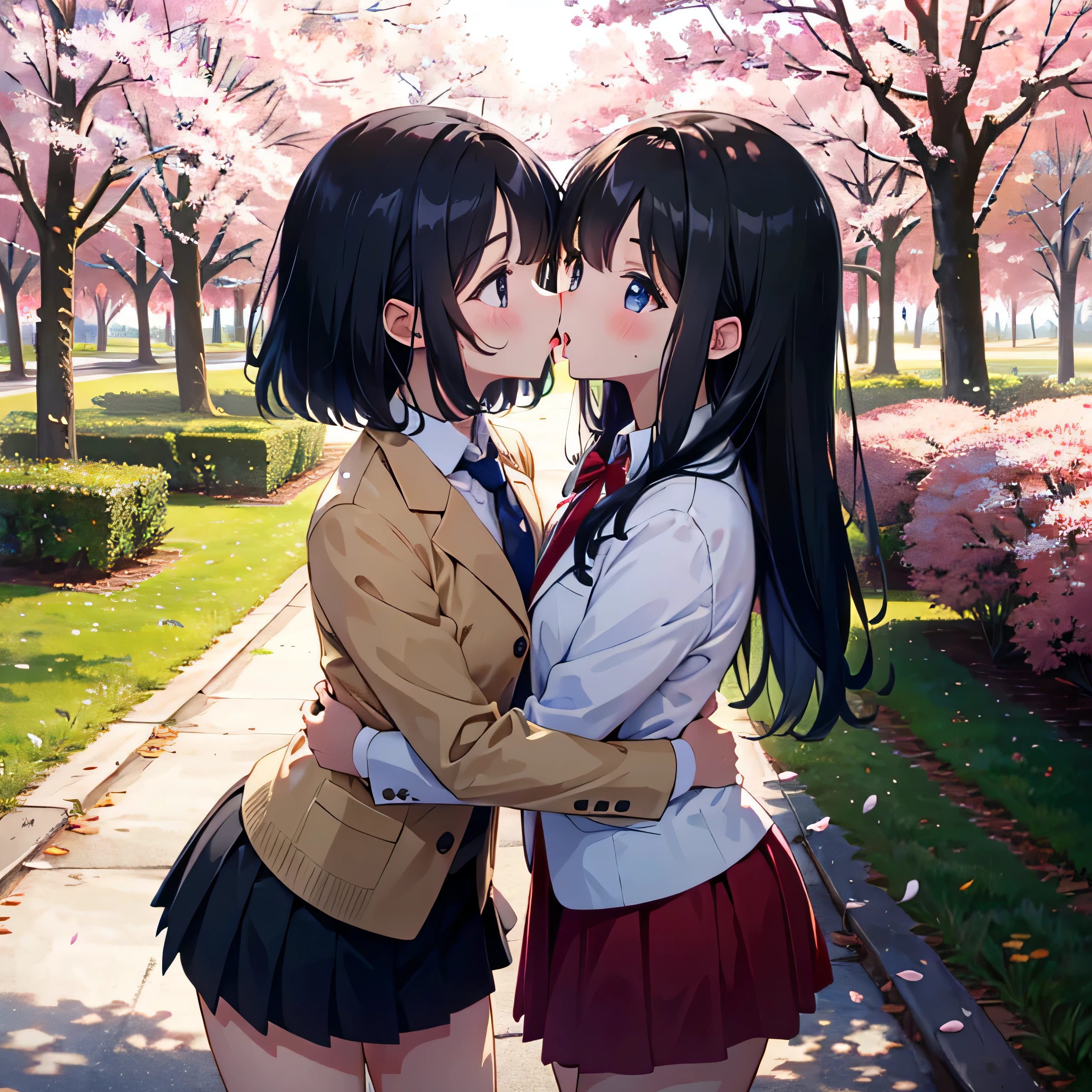 (Masterpiece, High Resolution, High Resolution, 16K Great Art, Masterpiece, Best Quality))), Park lined with cherry blossoms (Cherry blossom petals are dancing), ((2 girls) (blazer, miniskirt), jacket Open front, nipples), (Yuri, deep kiss between girls), very cute), 6 years old and 6 year old girl, straight hair, long hair (hair tied up), black hair, young, round face , (Baby face), (Short limbs 1.3), A girl is hugging each other in a park where cherry blossoms are falling, and they are having a deep, intense kiss. Drool is dripping from each other's lips.