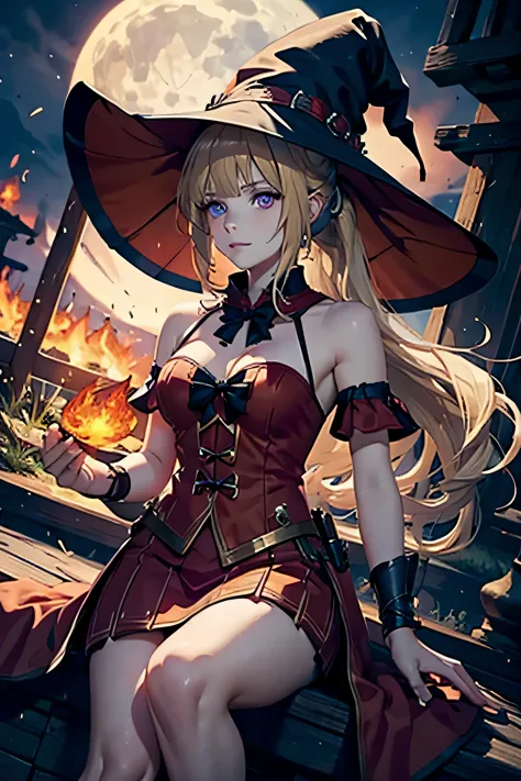 fantasy, fire mage, red witch costume, witch hat ,blonde, ponytail, violet eyes 