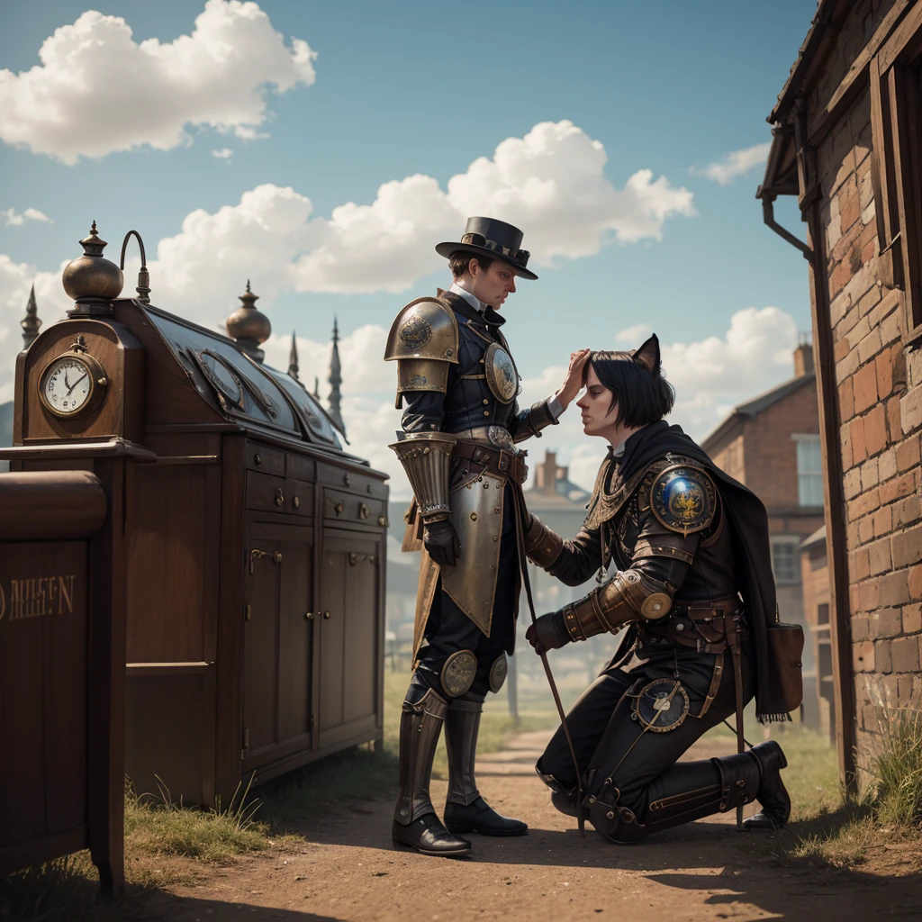 in victorian England, a steam punk Knight themed after a calico cat, kneels in respect