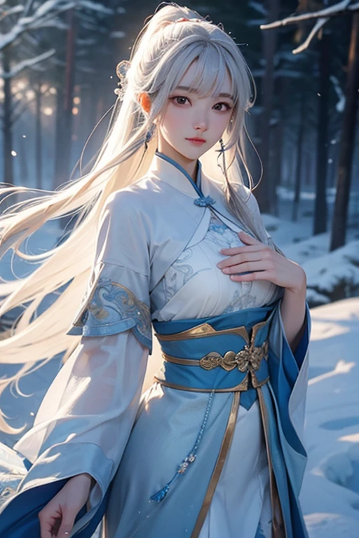 O cervo do gelo e da neve que vem sem pressa, the pure white body realizes the wonderland of ice and snow, Yan Jun se torna o vento, exala ar branco no ar transparente, and the ethereal tree together form a dream scene, High-quality CG portrays a magnificent image, Yue Xiaofei&#39;s character design is perfect and excellent, the curves are incredible, and the whole scene is more like a distant world under the blessing of depth of field effect.