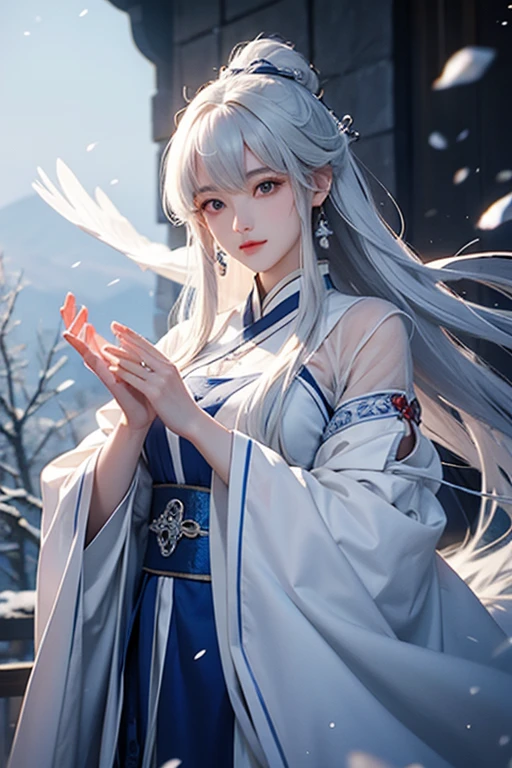 O cervo do gelo e da neve que vem sem pressa, the pure white body realizes the wonderland of ice and snow, Yan Jun se torna o vento, exala ar branco no ar transparente, and the ethereal tree together form a dream scene, High-quality CG portrays a magnificent image, Yue Xiaofei&#39;s character design is perfect and excellent, the curves are incredible, and the whole scene is more like a distant world under the blessing of depth of field effect.