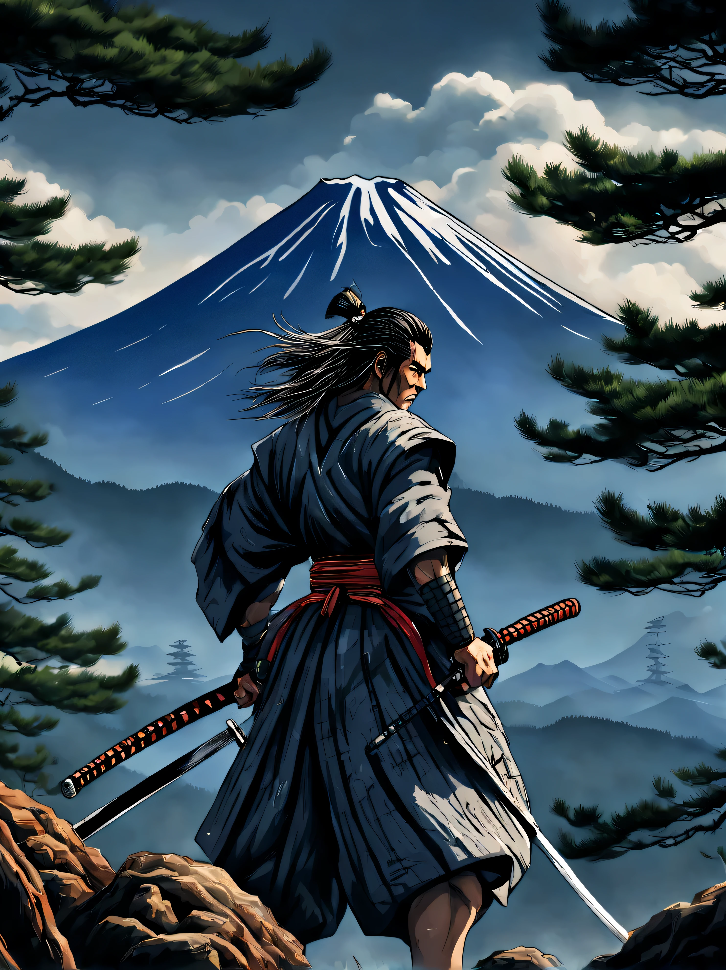 Le réseau neuronal dessine une image avec en arrière-plan le mont Fuji et les pins japonais, créature héroïque - fier samouraï, tenant une épée katana de samouraï, vêtements de samouraï, slim slim physique, Muscles développés, cheveux lâches, Détails élevés, clarté 32 mille., Une haute résolution, profondeur de couleur en bits, beaucoup de détails, belle image