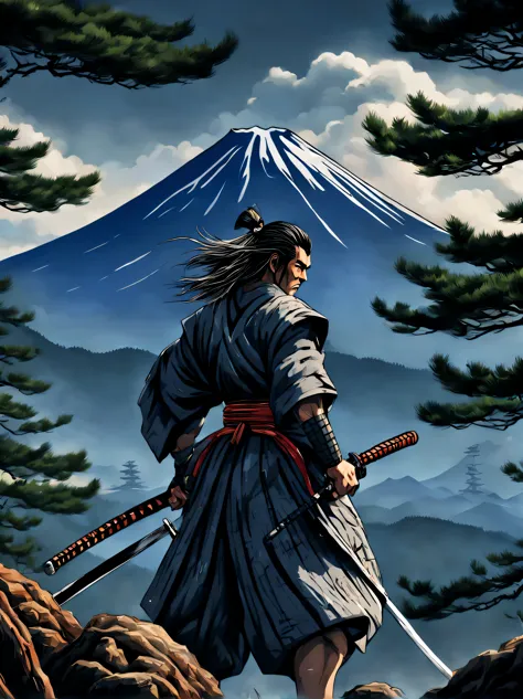 the neural network draws a picture against the backdrop of fuji and japanese pine trees, heroic creature - proud samurai, holdin...