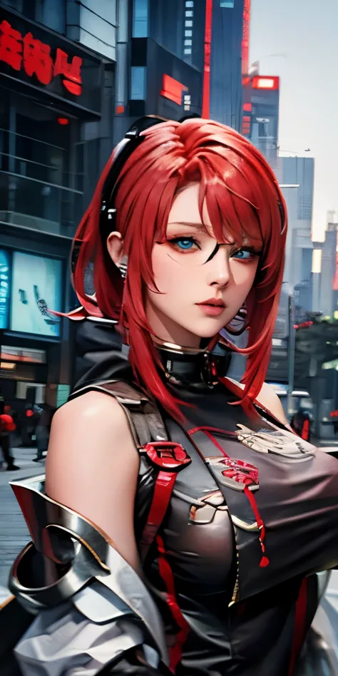 a woman with red hair and glasses standing in a city street, cyberpunk anime girl in hoodie, cyberpunk anime girl, realistic ani...