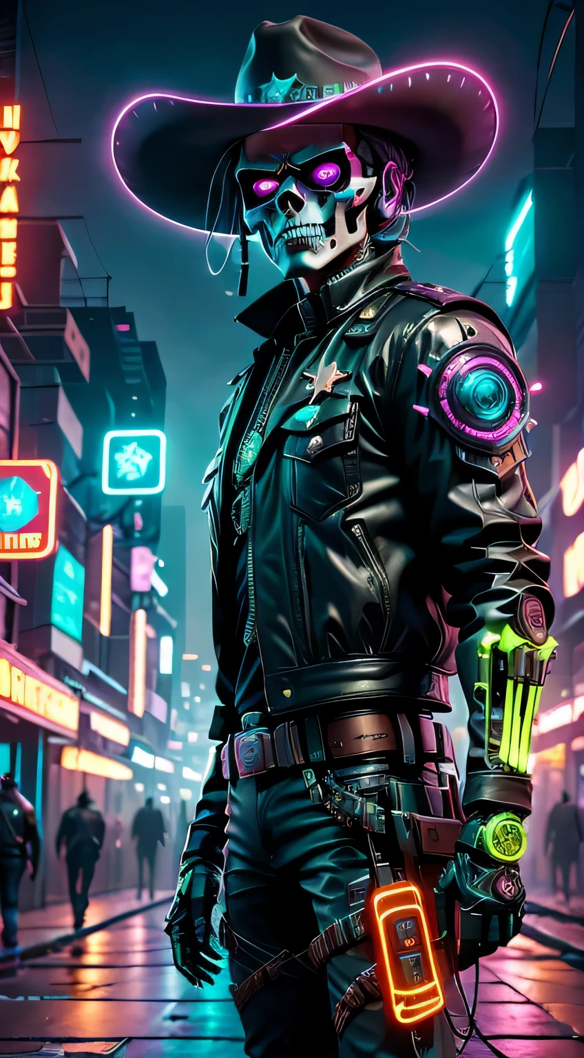 cyber punk character,Skeleton Robot Cowboy Sheriff,Mysterious dark background,neon light,Cybernetically Enhanced,Weapons of the future,wearing a cowboy hat+neon lightedge,Bionic arm,metal chin,luminous red eyes,dystopian city,sharp focus,steely texture,bright color,concept art style.(The best quality at the best.,4k,8k,A high resolution,Masterpiece:1.2),ultra-detailed,(actual,photoactual,Current photo:1.37),