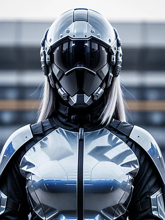 A woman wearing a full-face helmet、Wearing a cyberpunk armored suit、Rocket launch site