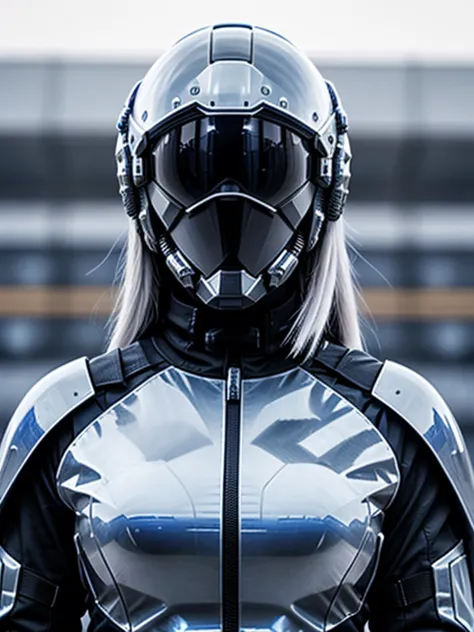 a woman wearing a full-face helmet、wearing a cyberpunk armored suit、rocket launch site