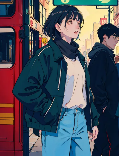 morning、A cool and beautiful Asian boy with black hair, denim pants、black jacket、Scarf、A red bus passing nearby, The man is at t...