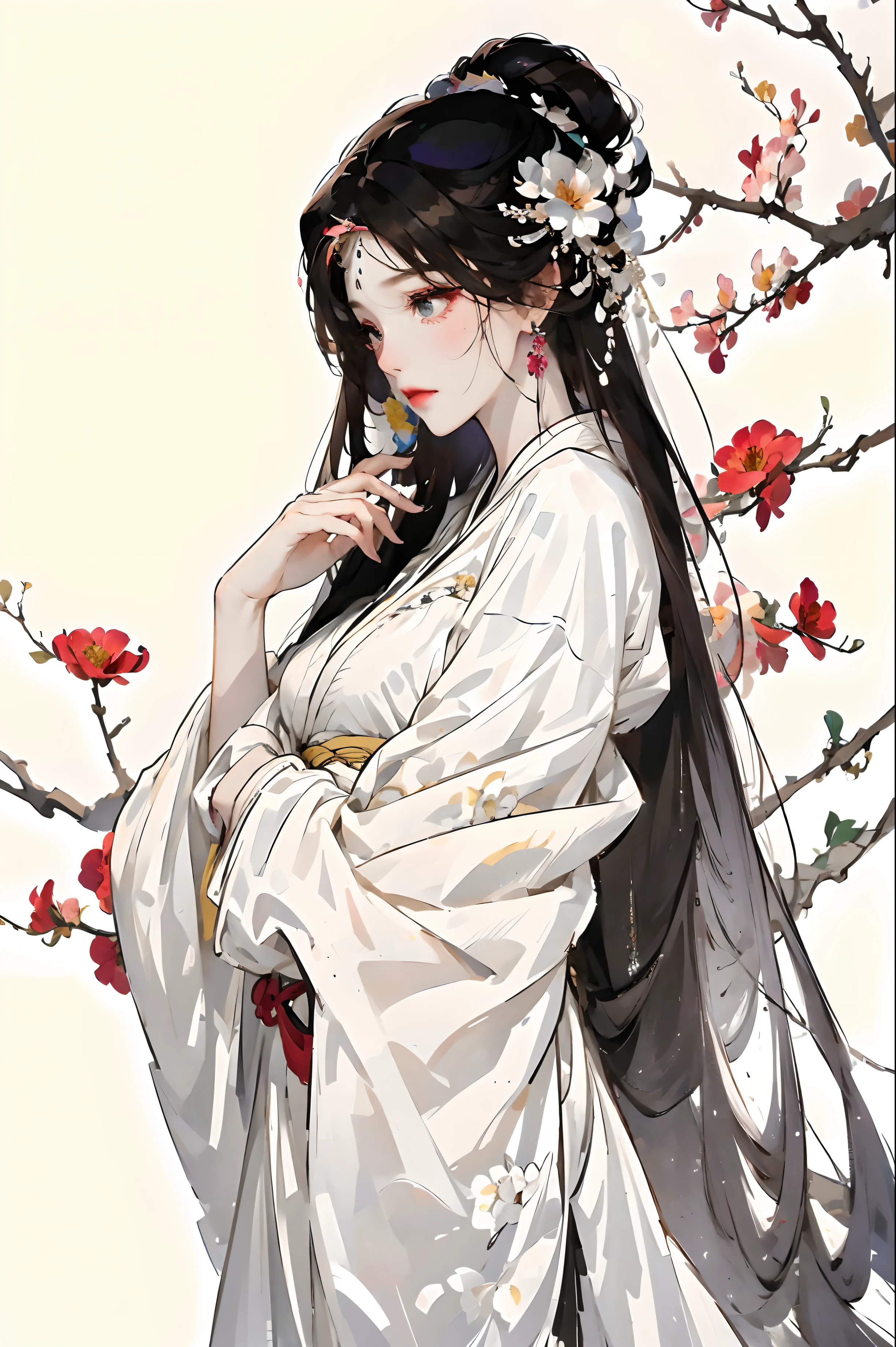 masterpiece, best quality, 8K, film light, ultra high resolution, Chinese painting, 1 girl, alone, flower, hair accessories, White background, black hair, hair flower, Chinese Arts, hanfu, branch, long hair, sash, Upper body, Chinese clothes, jewelry, long sleeve, earrings, flowering branch,