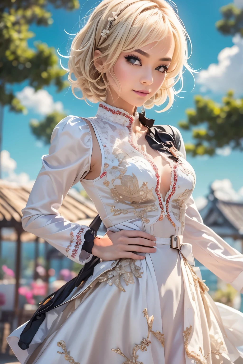 ((masterpiece,best quality)),1girl,solo, (((Chisato Nishikigi))), short hair, light yellow hair, solo, dress, detail eyes, looking at viewer, long sleeves, standing, white dress, gloves,hair ornament, black jacket, smile, floating hair, dutch angle, closed mouth, looking away, (center park),cloudy sky, blue sky, warm color,