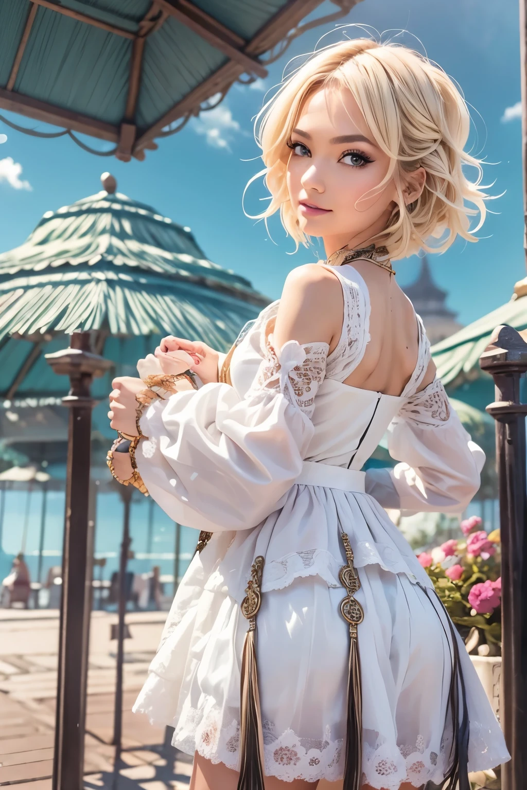 ((masterpiece,best quality)),1girl,solo, (((Chisato Nishikigi))), short hair, light yellow hair, solo, dress, detail eyes, looking at viewer, long sleeves, standing, white dress, gloves,hair ornament, black jacket, smile, floating hair, dutch angle, closed mouth, looking away, (center park),cloudy sky, blue sky, warm color,