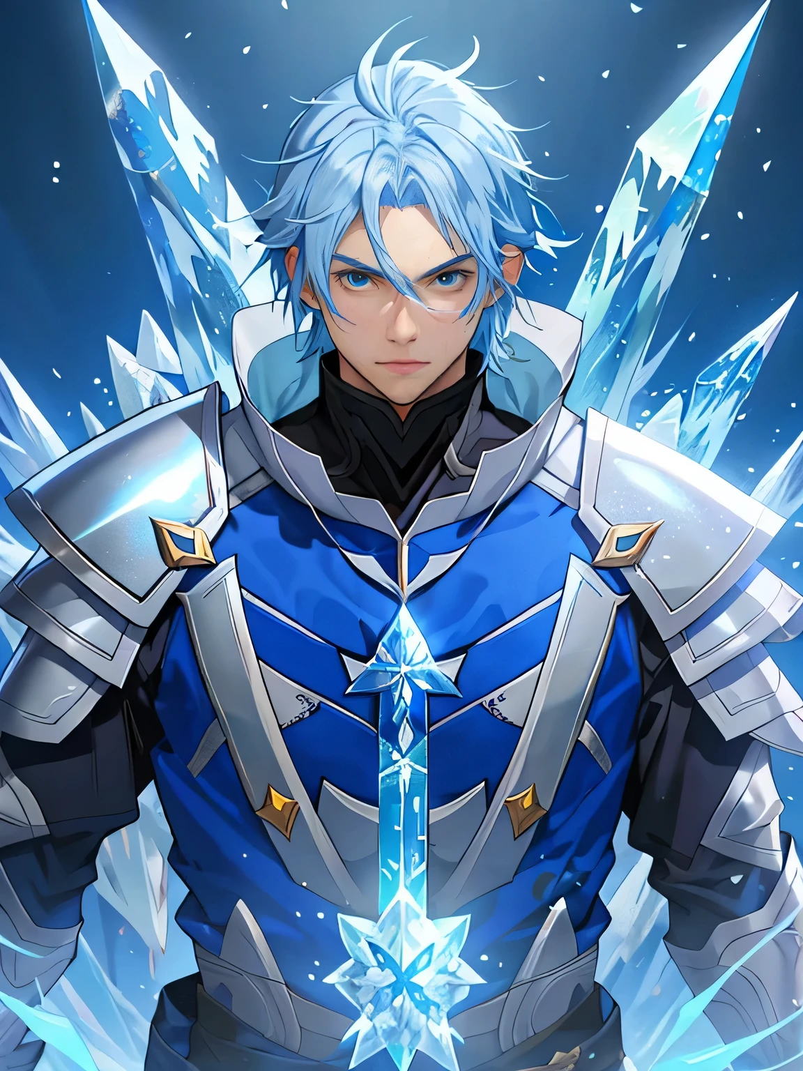 Personnages d&#39;anime aux cheveux bleus et aux yeux bleus dans des scènes enneigées., magicien des glaces,  grand garçon anime aux yeux bleus, peau bleu glacial, art clé d&#39;anime, Kazuto Okada。, personnage masculin d&#39;anime, armure de cristal de glace, Art d&#39;anime clé détaillé, Portrait complet du chevalier magique, armure bleu glace et argent, avec des pouvoirs de glace