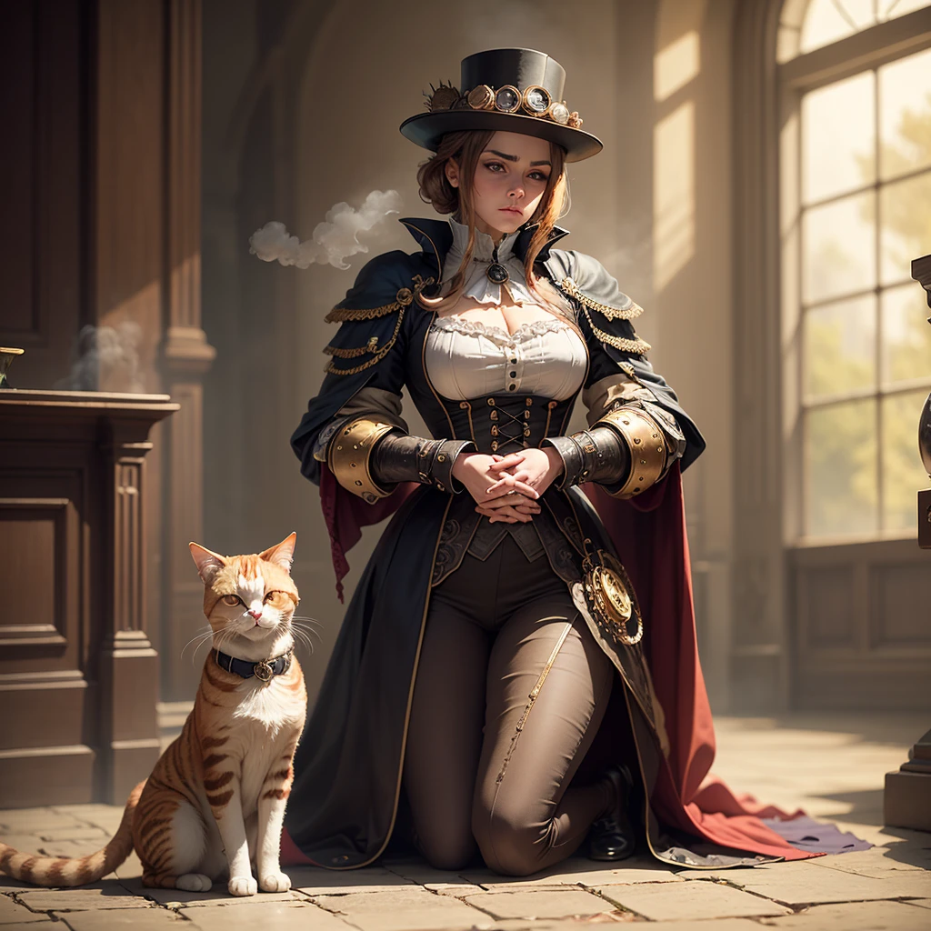 in victorian England, a steam punk Knight themed after a calico cat, kneels in respect