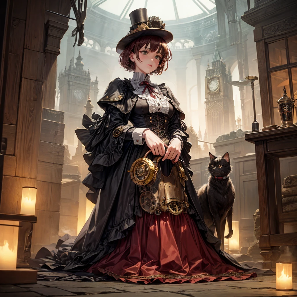 in victorian England, a steam punk Knight themed after a calico cat, kneels in respect