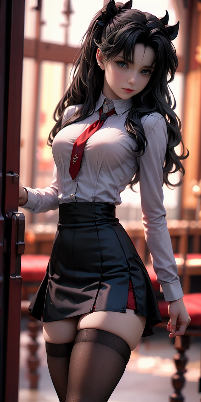 fate stay series tohsaka rin and sakuya rindou yuri (wearing business outfit, formal jacket, blue neck tie, tie,white shirt, skirt, heels, high waist, skirt big perfect round breasts,hourglass body, thin waist,btpt-fc,Photo realistic, hyperrealistic:1, beautiful, masterpiece, best quality, extremely detailed face, perfect lighting,detailed eye makeup, detail face, nice detailed eyes,nice hands, perfect hands realistic pupils,realistic iris:1) 