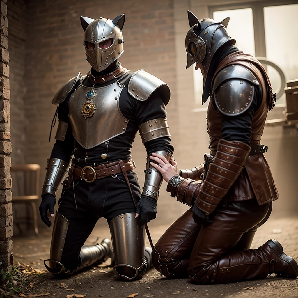 in victorian England, a steam punk Knight themed after a calico cat, kneels in respect