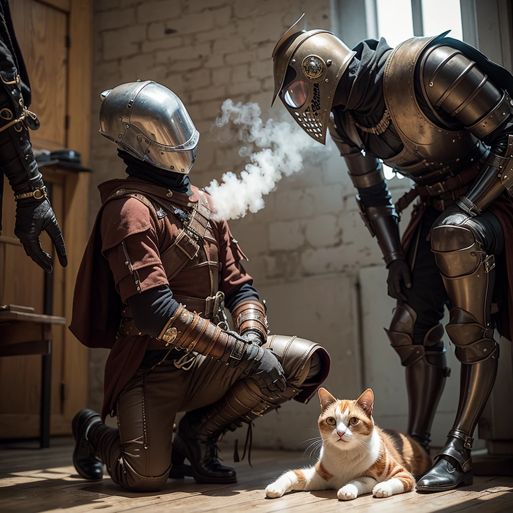 in victorian England, a steam punk Knight themed after a calico cat, kneels in respect