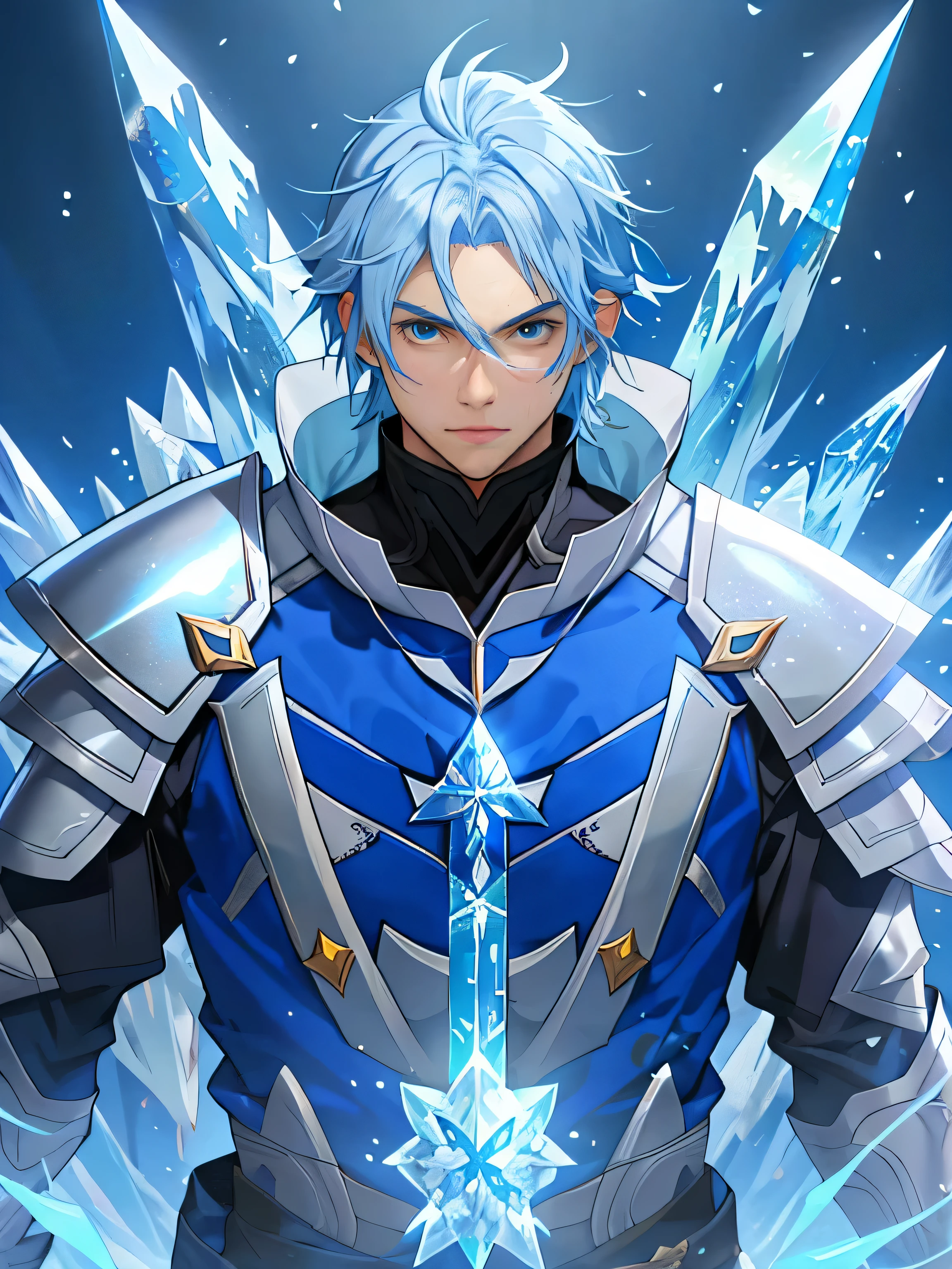 Personajes de anime con cabello azul y ojos azules en escenas nevadas., mago de hielo,  chico anime alto con ojos azules, piel azul helada, arte clave del anime, Kazuto Okada。, personaje de anime masculino, Armadura de cristal de hielo, Arte de anime clave detallado, full portrait of the magic knight, armadura color azul y plata hielo, con poderes de hielo