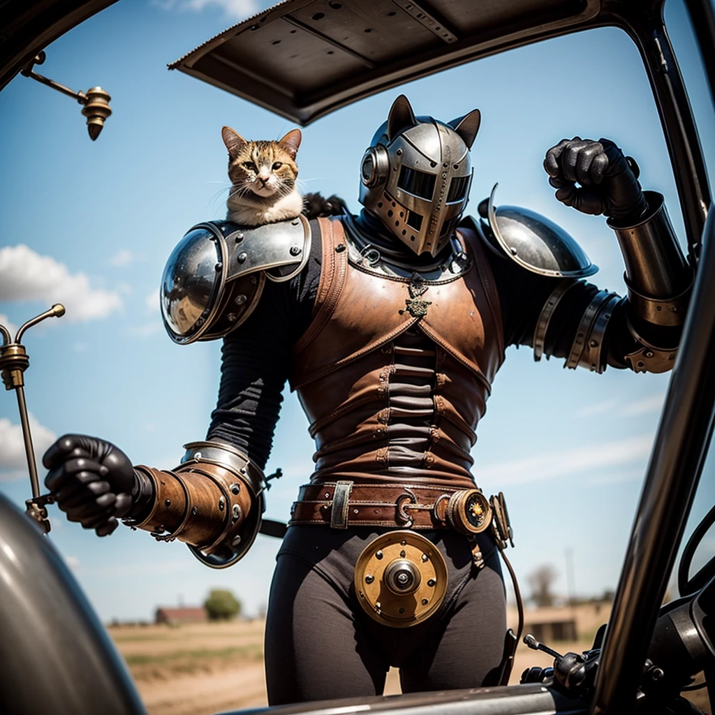 (best quality,4k,8k,highres,masterpiece:1.2),ultra-detailed,(realistic,photorealistic,photo-realistic:1.37),steampunk,cat,mechanical knight,Victorian England,chest cockpit,challenge,weapon,sword,industrial,steam-powered,metallic,ornate,engravings,automaton,gears,vintage,antique,detailed,mechanism,steering wheel,leather seats,clockwork,exquisite craftsmanship,clock gears,brass fittings,elaborate design,suit of armor,cat ears,mechanical tail,intricate,driving mechanism,adventurous atmosphere,mechanical creation,levers and switches,retro-futuristic,elegant style,mechanical precision,copper pipes,steaming vents,gauges,pistons,sparks,industrial revolution,metallic clanking,duel,steam-powered locomotion,steely determination,vivid colors,soft lighting