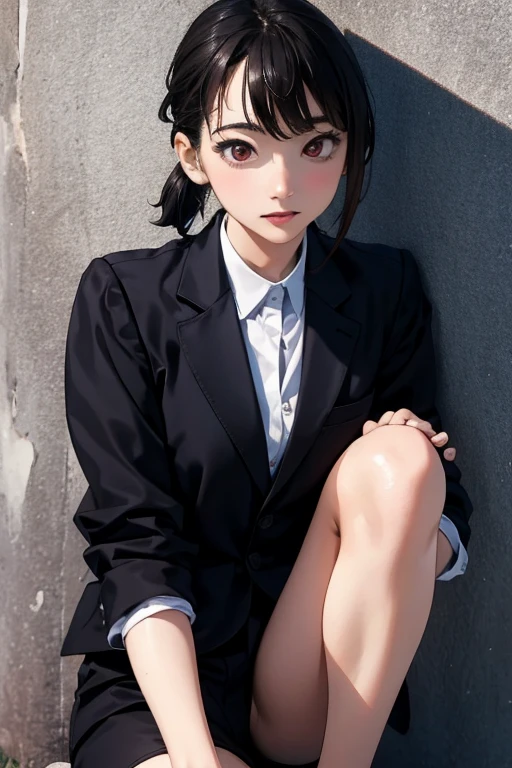 (masterpiece, best quality, high quality, highres, ultra-detailed, detailed background,)1girl,(early teens),black hair,short hair,(pony tail),(black suits for men),
looking at viewer,