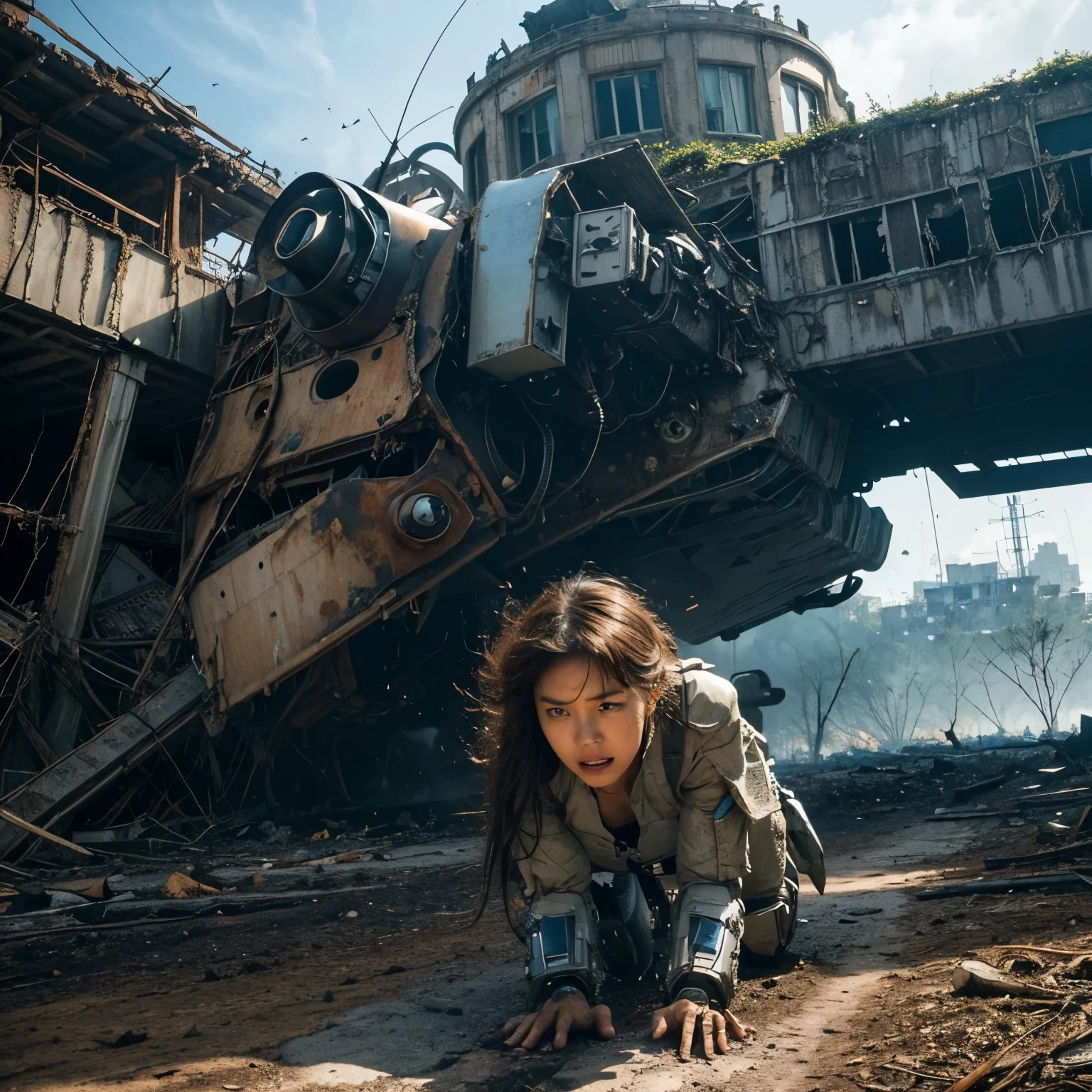 (highest quality、4K、High resolution、master piece: 1.2)、Super detailed、real: 1.37、Natural light、Portrait、surreal colors、futuristic style、Crumbling cityscape、Overgrown vegetation、Foggy atmosphere、Contrasting shadows、tattered clothes、A strong and confident gaze、Abandoned Objects、desolation、Destroyed building silhouette、vivid graffiti、Empowering pose、hair fluttering in the wind、Expressive facial features、unforgettable beauty、Dramatic sky、eerie clouds、intricate details、urban decline、post-apocalyptic setting、Ruins in nature 、Majestic Skyline、Desperate struggle、Creepy Presence、Thought of power、Enhanced Thought of power、intensity of emotions、Tense atmosphere、heroic attitude、intense action、Fearless Determination、Survival from all odds、Dangerous landscapes、Iconic battle、cinematic composition、epic showdown、A moment frozen in time、mysterious aura、fortitude、Women&#39;s Support、strong female protagonist、Fascinating story、Women's poweerce determination、Empowering Stories、(Behind her, a giant invader mech is on fire and collapsing.:1.55)
