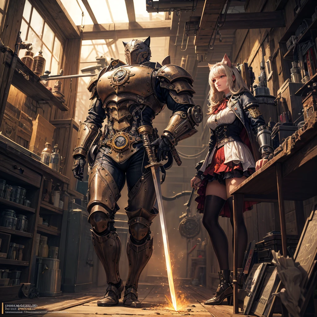 (best quality,4k,8k,highres,masterpiece:1.2),ultra-detailed,(realistic,photorealistic,photo-realistic:1.37),steampunk,cat,mechanical knight,Victorian England,chest cockpit,challenge,weapon,sword,industrial,steam-powered,metallic,ornate,engravings,automaton,gears,vintage,antique,detailed,mechanism,steering wheel,leather seats,clockwork,exquisite craftsmanship,clock gears,brass fittings,elaborate design,suit of armor,cat ears,mechanical tail,intricate,driving mechanism,adventurous atmosphere,mechanical creation,levers and switches,retro-futuristic,elegant style,mechanical precision,copper pipes,steaming vents,gauges,pistons,sparks,industrial revolution,metallic clanking,duel,steam-powered locomotion,steely determination,vivid colors,soft lighting