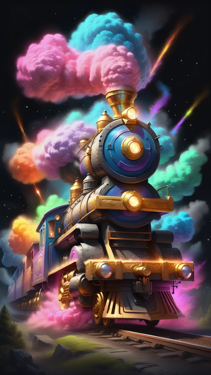 Glowing magic train in chalk dust style, 8K,The art of math, high quality, Very detailed