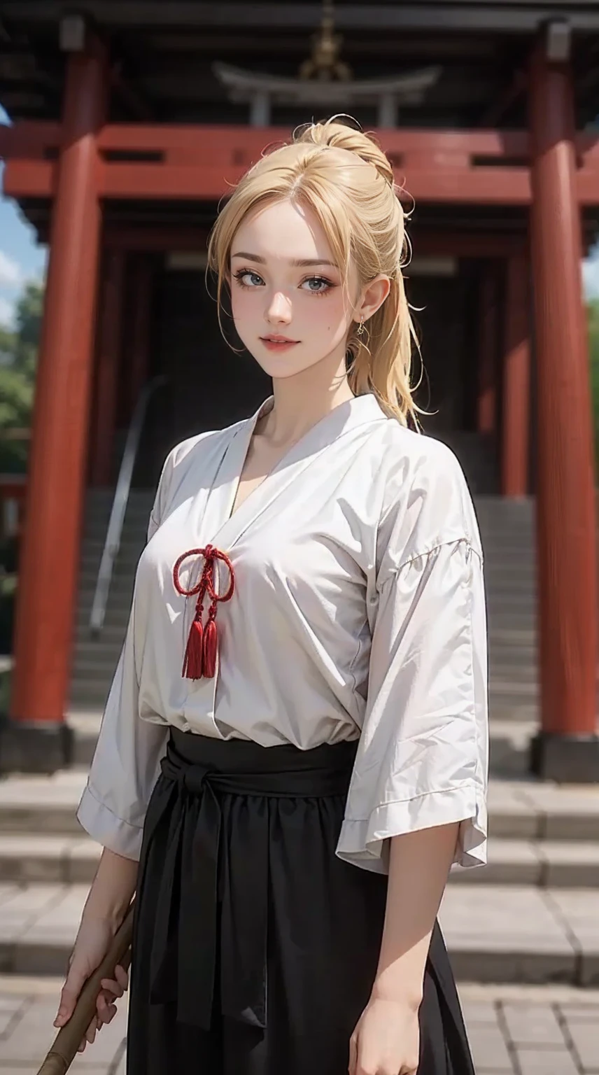 blonde hair, gradient hair, hair over shoulder, hair behind ear, longeyelashes, light smile, Surrealism, depth of field, atmospheric perspective, foreshortening, UHD, anatomically correct, highres, 16k、 ((最high quality, 8K, masterpiece: 1.3, Ultra HD, high quality, 最high quality, High resolution, realism)) 、(high color saturation:1.0), (highly detailed skin), (最high quality:1.0), (超High resolution:1.0) ,(realistic:1.0), (Super detailed:1.0), (8K, Raw photo:1.1), slender、Slender, muscular body that&#39;s toned like an athlete&#39;s、I don&#39;t want my head to disappear from the screen.、25 year old white woman、shiny hair、Her hair color is blonde.、blue eyes、long hair、hair above one eye、smile、On the approach to a Japanese shrine、She is a shrine maiden.、Sweeping the grounds with a bamboo broom、Grinning ((light smile))、split ponytail, 8k