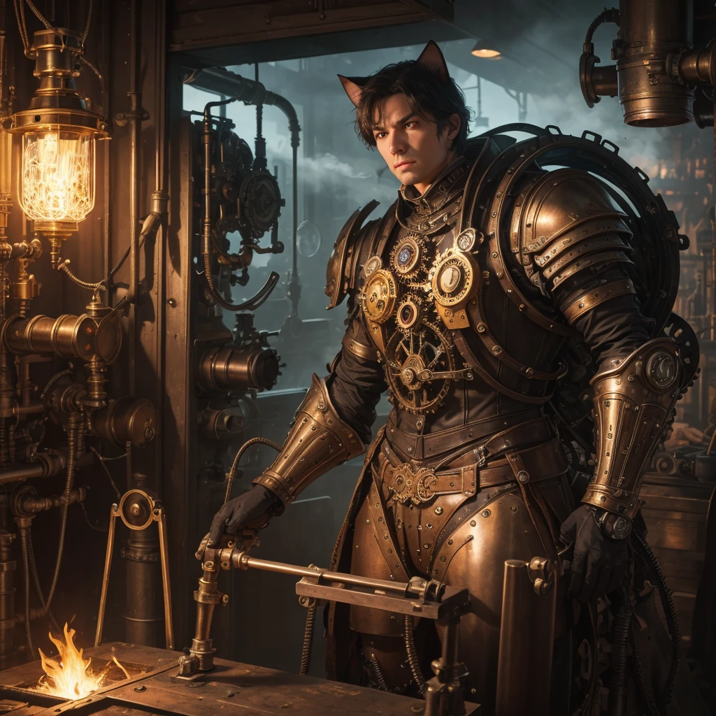 (best quality,4k,8k,highres,masterpiece:1.2),ultra-detailed,(realistic,photorealistic,photo-realistic:1.37),steampunk,cat,mechanical knight,Victorian England,chest cockpit,challenge,weapon,sword,industrial,steam-powered,metallic,ornate,engravings,automaton,gears,vintage,antique,detailed,mechanism,steering wheel,leather seats,clockwork,exquisite craftsmanship,clock gears,brass fittings,elaborate design,suit of armor,cat ears,mechanical tail,intricate,driving mechanism,adventurous atmosphere,mechanical creation,levers and switches,retro-futuristic,elegant style,mechanical precision,copper pipes,steaming vents,gauges,pistons,sparks,industrial revolution,metallic clanking,duel,steam-powered locomotion,steely determination,vivid colors,soft lighting