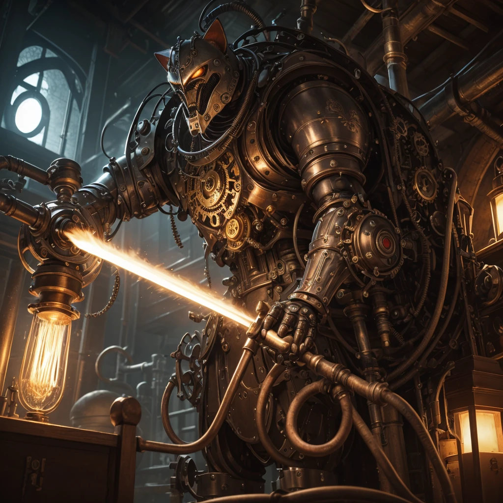 (best quality,4k,8k,highres,masterpiece:1.2),ultra-detailed,(realistic,photorealistic,photo-realistic:1.37),steampunk,cat,mechanical knight,Victorian England,chest cockpit,challenge,weapon,sword,industrial,steam-powered,metallic,ornate,engravings,automaton,gears,vintage,antique,detailed,mechanism,steering wheel,leather seats,clockwork,exquisite craftsmanship,clock gears,brass fittings,elaborate design,suit of armor,cat ears,mechanical tail,intricate,driving mechanism,adventurous atmosphere,mechanical creation,levers and switches,retro-futuristic,elegant style,mechanical precision,copper pipes,steaming vents,gauges,pistons,sparks,industrial revolution,metallic clanking,duel,steam-powered locomotion,steely determination,vivid colors,soft lighting