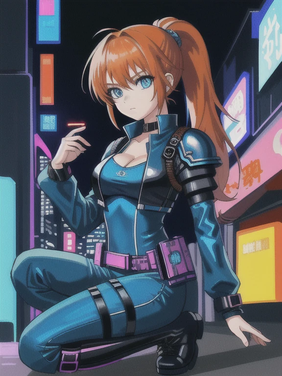 1girl ((32year old, dressed in a tight blue futuristic bodysuit, cleavage, utility belt, armor, boots, medium breasts, short orange hair, pony tail styled hair, slim and athletic body:1.3, detailed blue eyes:1.5)) attack action, action with impact, full body, perspective composition, exaggerated composition, perfect composition, perfect eyes, large perspective, dynamic composition, dreamy cyberpunk girl, anime cyberpunk art, digital cyberpunk - anime art, cyberpunk anime girl, digital cyberpunk anime art, cyberpunk, cyberpunk anime art, cyberpunk vibe, cyberpunk art style, background is city, neon, night
