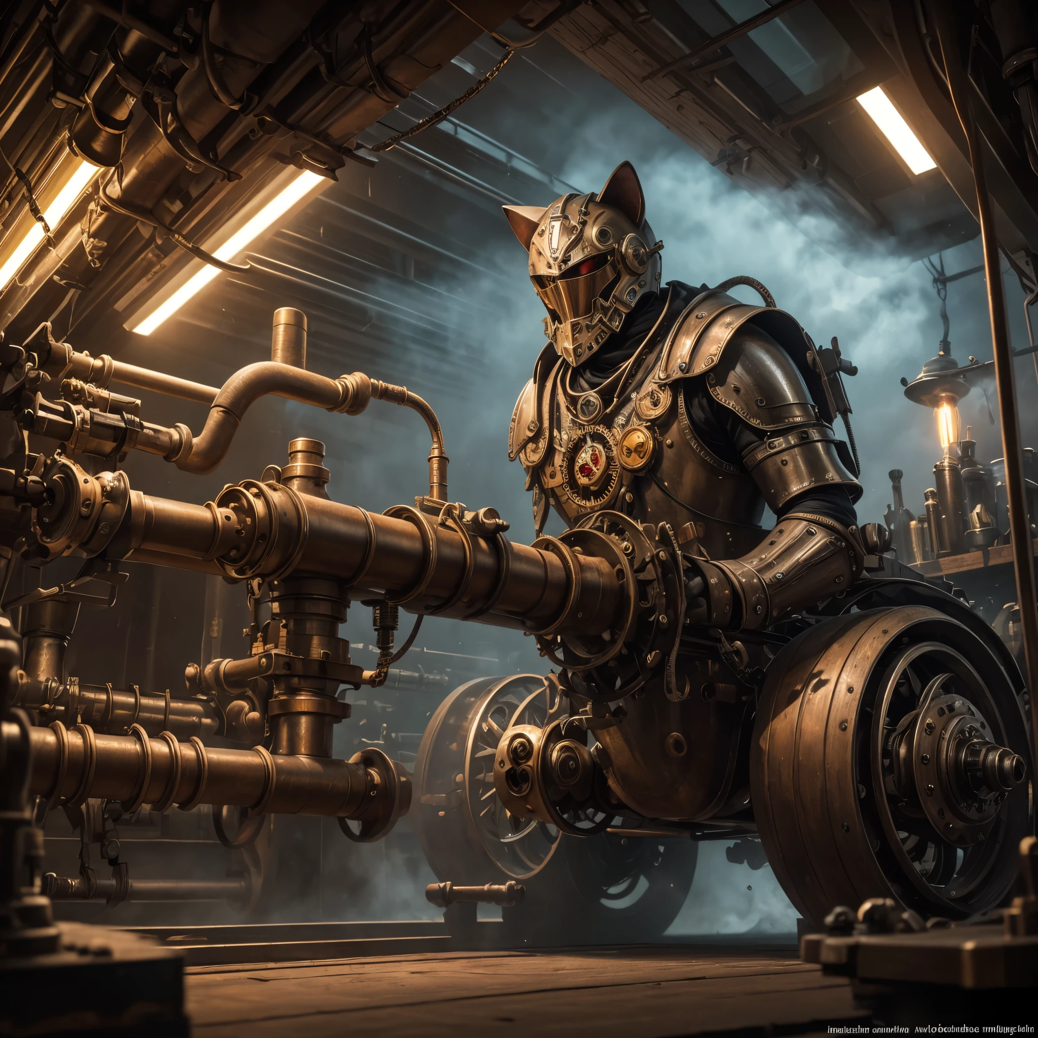 (best quality,4k,8k,highres,masterpiece:1.2),ultra-detailed,(realistic,photorealistic,photo-realistic:1.37),steampunk,cat,mechanical knight,Victorian England,chest cockpit,challenge,weapon,sword,industrial,steam-powered,metallic,ornate,engravings,automaton,gears,vintage,antique,detailed,mechanism,steering wheel,leather seats,clockwork,exquisite craftsmanship,clock gears,brass fittings,elaborate design,suit of armor,cat ears,mechanical tail,intricate,driving mechanism,adventurous atmosphere,mechanical creation,levers and switches,retro-futuristic,elegant style,mechanical precision,copper pipes,steaming vents,gauges,pistons,sparks,industrial revolution,metallic clanking,duel,steam-powered locomotion,steely determination,vivid colors,soft lighting