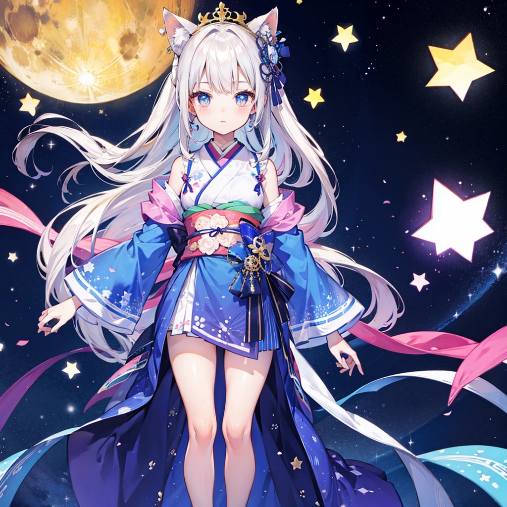 VTuber-เต็มตัว、นางฟ้าดาว、「เด็กผู้หญิงสวมชุดกิโมโนพิมพ์ลายสวยงามมีลวดลายคล้ายกาแล็กซี、ภาพเต็มตัวด้านหน้า、ดวงตาที่น่าหลงใหล、ใบหน้าที่สมบูรณ์แบบและน่าทึ่ง、รายละเอียดประณีต、ภาพที่ชัดเจน、คุณภาพสูงสุด。」