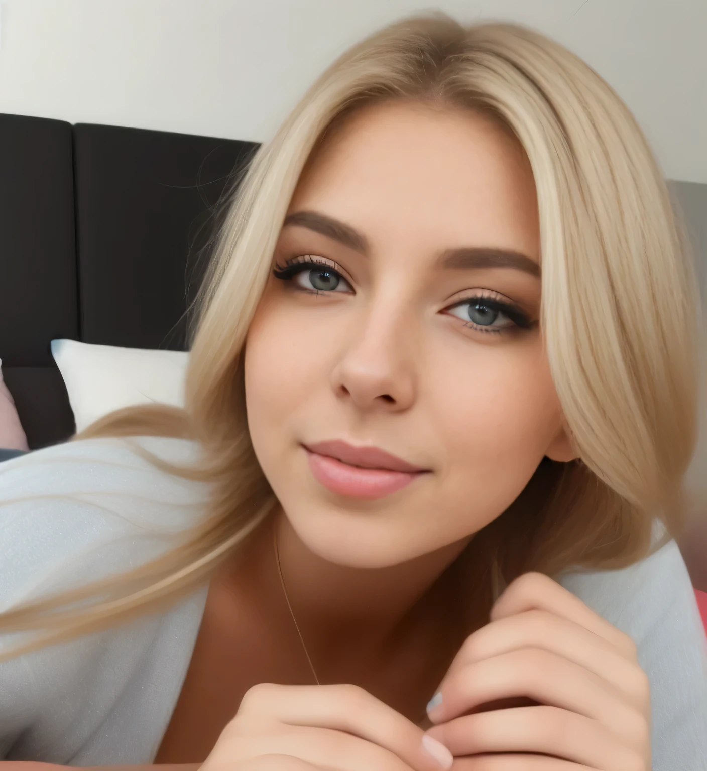 Blonde woman with blue eyes laying on bed with white sheets - SeaArt AI