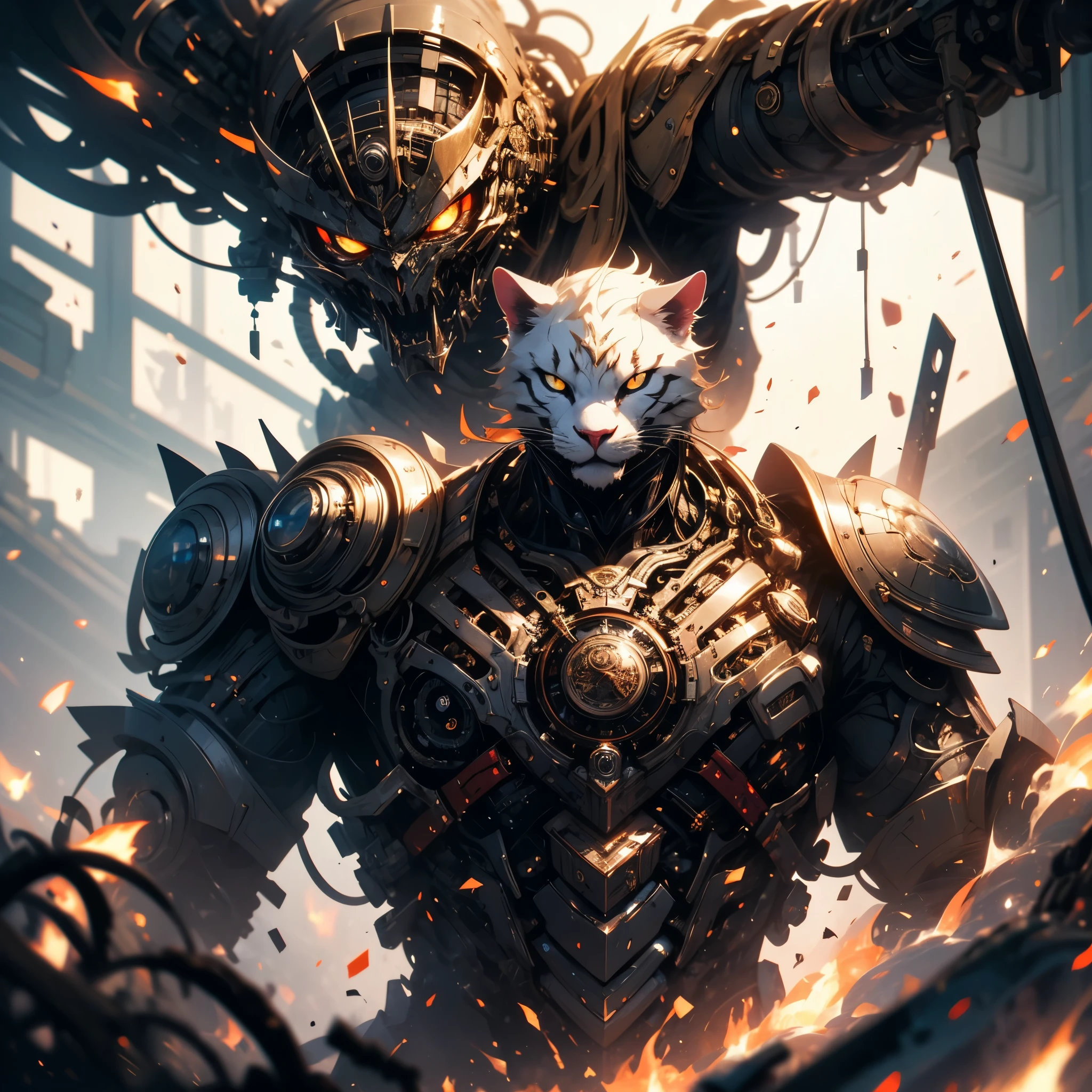 (best quality,4k,8k,highres,masterpiece:1.2),ultra-detailed,(realistic,photorealistic,photo-realistic:1.37),steampunk,cat,mechanical knight,Victorian England,chest cockpit,challenge,weapon,sword,industrial,steam-powered,metallic,ornate,engravings,automaton,gears,vintage,antique,detailed,mechanism,steering wheel,leather seats,clockwork,exquisite craftsmanship,clock gears,brass fittings,elaborate design,suit of armor,cat ears,mechanical tail,intricate,driving mechanism,adventurous atmosphere,mechanical creation,levers and switches,retro-futuristic,elegant style,mechanical precision,copper pipes,steaming vents,gauges,pistons,sparks,industrial revolution,metallic clanking,duel,steam-powered locomotion,steely determination,vivid colors,soft lighting