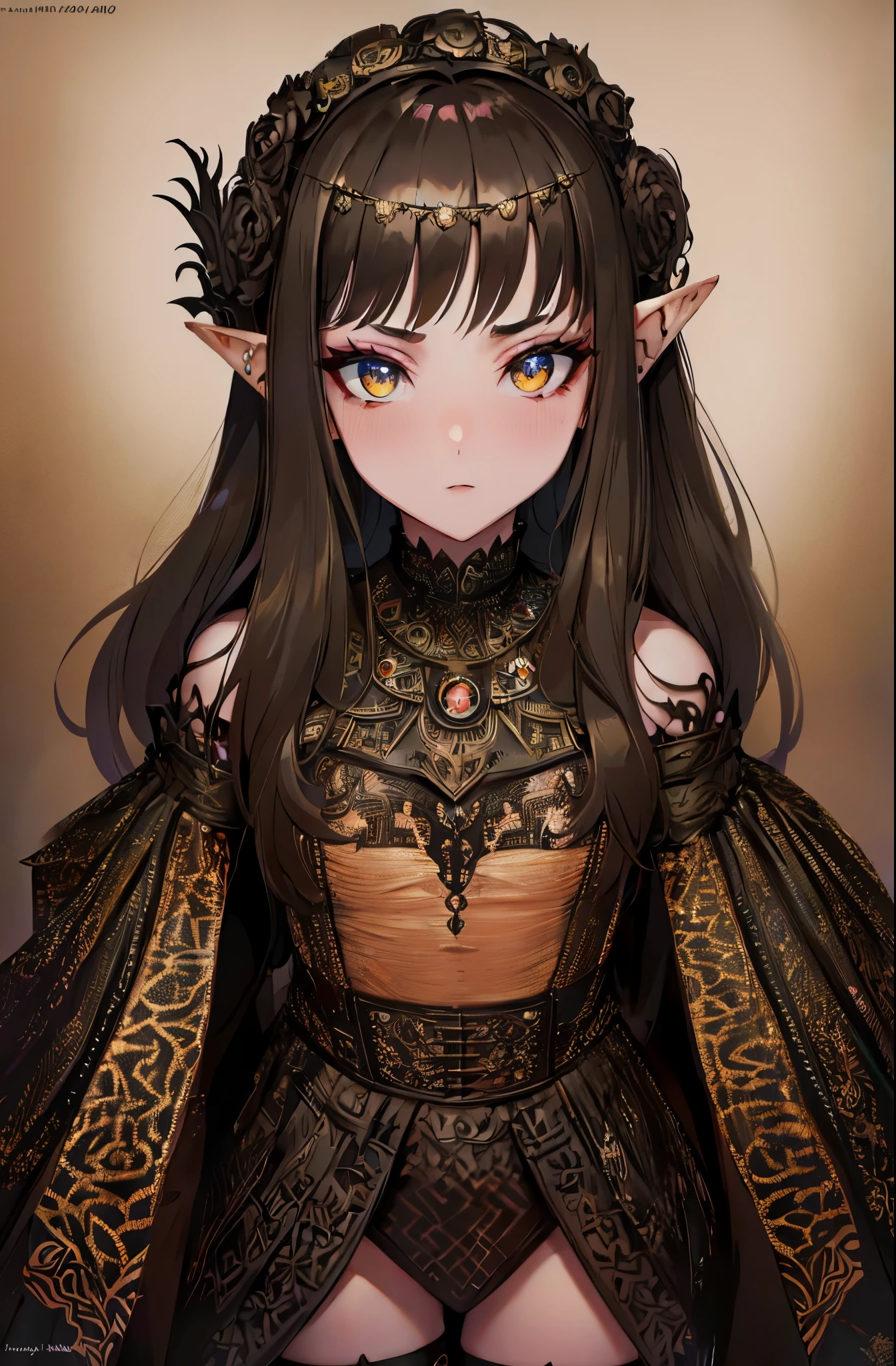 8k, masterpiece, highest quality, best quality, official art, beautiful and aesthetic, extremely detailed, (fractal art: 1.3), colorful, highest detailed, perfect face, upper body, HDR, sexy, wide hips, thicc figure, Detailed face, Detailed eyes, brown eyes, perfect face, perfect eyes, ( 1elf, 1 female elf, 1girl, trans, futa, futanari, big ass, slim waist, pretty face, long brown hair, sharp jawline, he wears traditional Japanese Shinobi attire, he is sexy, she is beautiful, she has black eyeliner, he has makeup, she has a girly face, she is tanned, she has big , she is blushing, she wears blush, she has a small penis, small dick, genitalia outline, detailed genitalia outline, hips wider than shoulders, slim torso, black lipstic, e-girl makeup, blushing, pretty, sharp jawline, brown eyes, cute, thigh high socks, goth clothes, black skirt, black crop top, black lipstick, black eyeliner, cute smile, Goth, goth priestess, RAVEN, goth makeup, goth clothes, advdnd2023