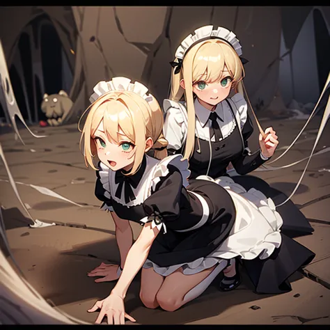 Arachne, girl, green eyes, long pointy tongue, spider legs, blonde hair ponytail, maid dress, cave, webs.