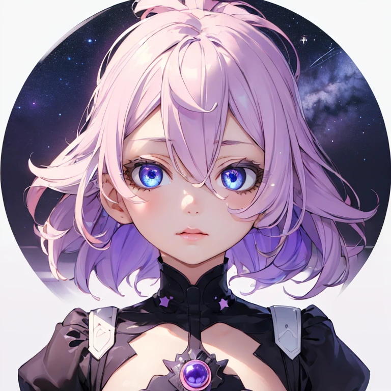 ((Masterpiece,Best quality)),(Negative space:1.4),(1girl, Single:1.4),Beautiful detailed eyes,Light pink and lavender floating hair, Lavender eyes, At night, starry sky, The stars are shining