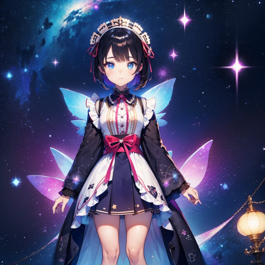 VTuber-เต็มตัว、นางฟ้าดาว、「ชุดกิโมโนลายกาแล็คซี่พิมพ์ลายสวยงามและชุดโกธิคโลลิต้า.、กระโปรงสั้นจับจีบลายตารางมีระบาย、ภาพเต็มตัวด้านหน้า、ดวงตาที่น่าหลงใหล、ใบหน้าที่สมบูรณ์แบบและน่าทึ่ง、รายละเอียดประณีต、ภาพที่ชัดเจน、คุณภาพสูงสุด。」ผมสั้น、