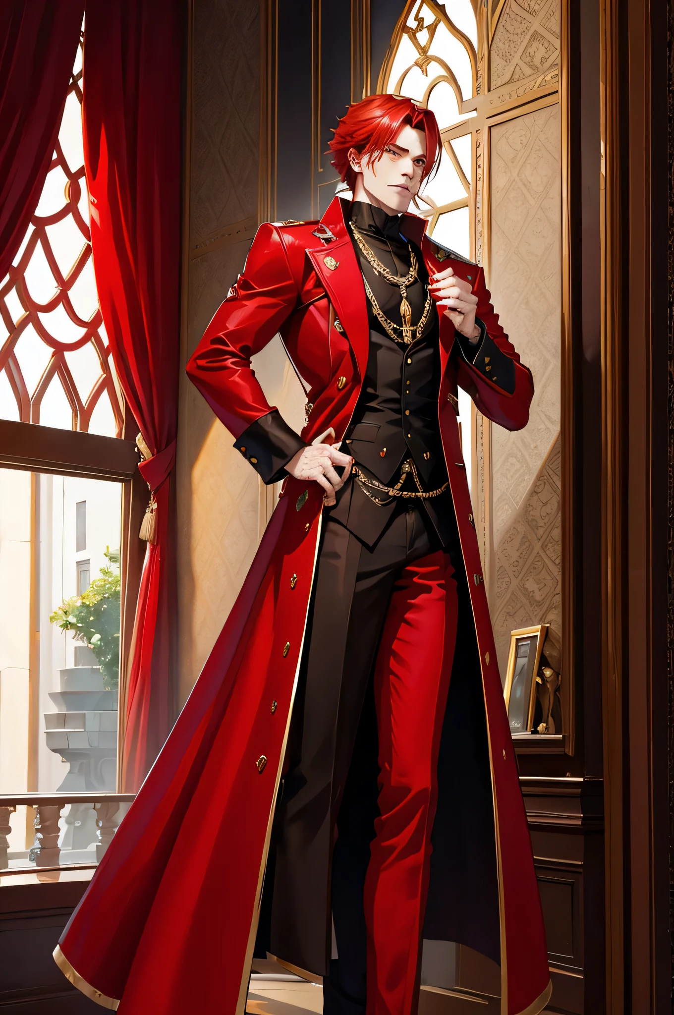 Red haired tall and muscular noble man in a ruby red room weaing black and red trimed luxurycoat he also has a phoenix tattoo on his face