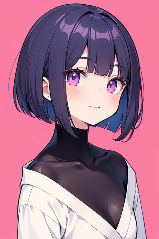 Anime-style portrait of a girl with a deep violet bob cut making eye contact with the camera, bright eyes, subtle smile, minimalistic background to emphasize character, high contrast, clean lines, digital painting, vivid colors