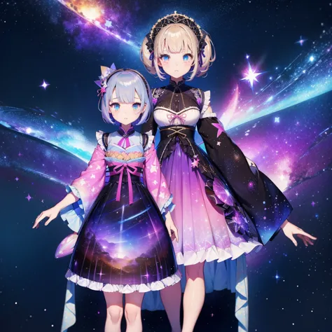 vtuber-fullbody、Star Fairy、「A beautifully printed galaxy patterned kimono and gothic lolita outfit.、Space pattern box pleated mi...