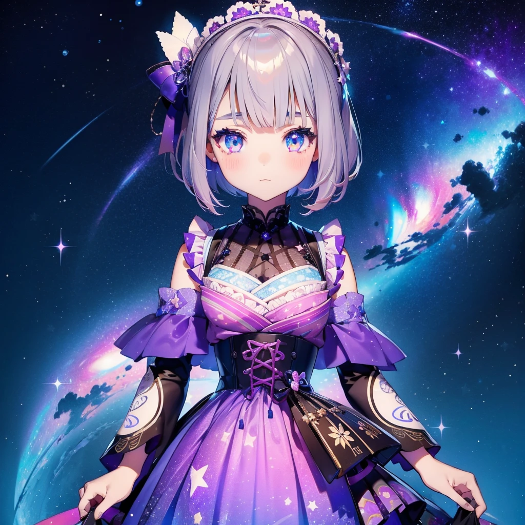 1女孩、vtuber-fullbody、星仙子、「印有美丽星系图案的和服和哥特式洛丽塔服装.、带荷叶边的太空图案箱形褶皱迷你裙、正面全身像、迷人的眼睛、完美而惊艳的脸庞、精致细节、清晰的图像、最好的质量。」短发、