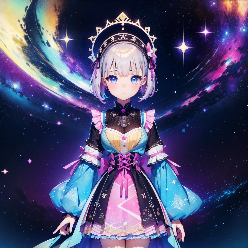 1fille、vtuber-fullbody、Fée des étoiles、「Un kimono à motifs de galaxies magnifiquement imprimé et une tenue gothique lolita.、Mini-jupe plissée à motif spatial avec volants、Portrait complet du corps de face、des yeux enchanteurs、Visage parfait et magnifique、Détails exquis、image claire、la plus haute qualité。」cheveux courts、