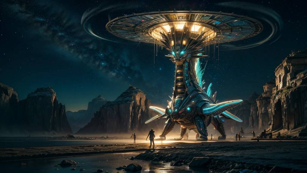 Colossal Bioluminescent Quetzalcoatlian AI Mayan Vimana Fractalien Sentient Starship, hyperdetailed, hypermaximalist, impressive, harmonic, lightbringers, cosmic ancesters arriving to Earth
