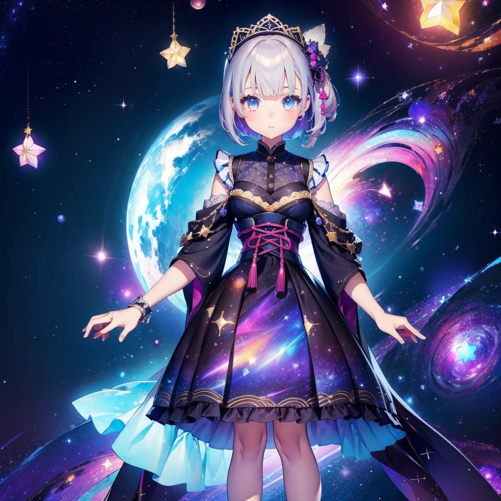 1fille、vtuber-fullbody、Fée des étoiles、「Un kimono à motifs de galaxies magnifiquement imprimé et une tenue gothique lolita.、Mini-jupe plissée à motif spatial avec volants、Portrait complet du corps de face、des yeux enchanteurs、Visage parfait et magnifique、Détails exquis、image claire、la plus haute qualité。」cheveux courts、