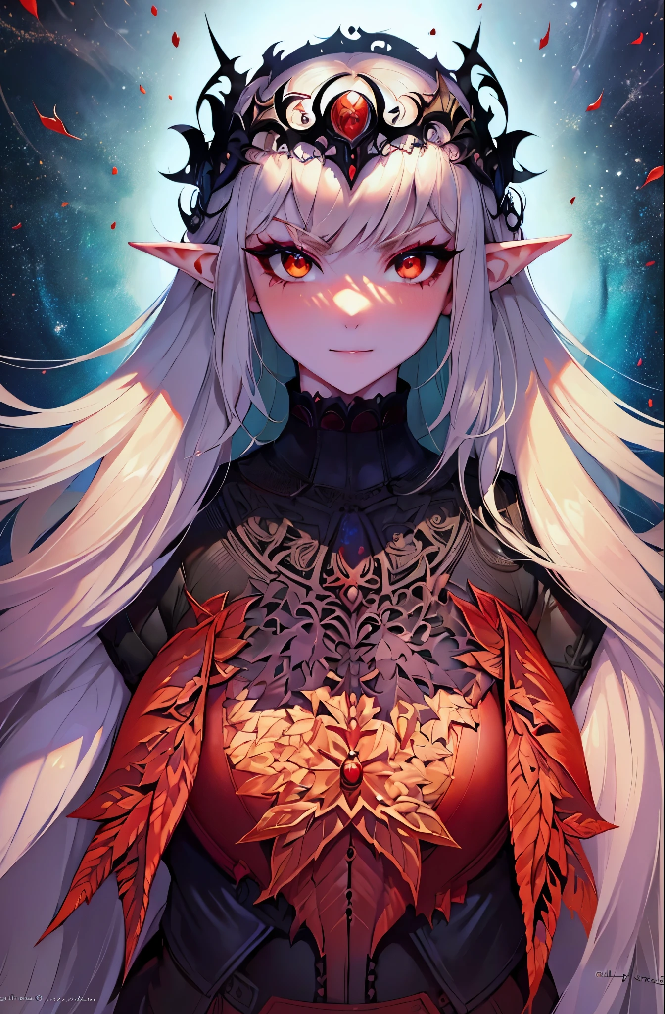 8k, masterpiece, highest quality, best quality, official art, beautiful and aesthetic, extremely detailed, (fractal art: 1.3), colorful, highest detailed, perfect face, upper body, HDR, sexy, wide hips, thicc figure, Detailed face, Detailed eyes, red eyes, perfect face, perfect eyes, ( 1elf, 1 female elf, 1girl, trans, futa, futanari, big ass, slim waist, pretty face, long white hair, sharp jawline, he is sexy, she is beautiful, she has black eyeliner, he has makeup, she has a girly face, she is tanned, she has big , she is blushing, she wears blush, hips wider than shoulders, slim torso, black lipstic, e-girl makeup, blushing, pretty, sharp jawline, red eyes, cute, thigh high socks, goth clothes, black skirt, black crop top, black lipstick, black eyeliner, cute smile, Goth, goth priestess, RAVEN, goth makeup, goth clothes, white hair, wolf cut