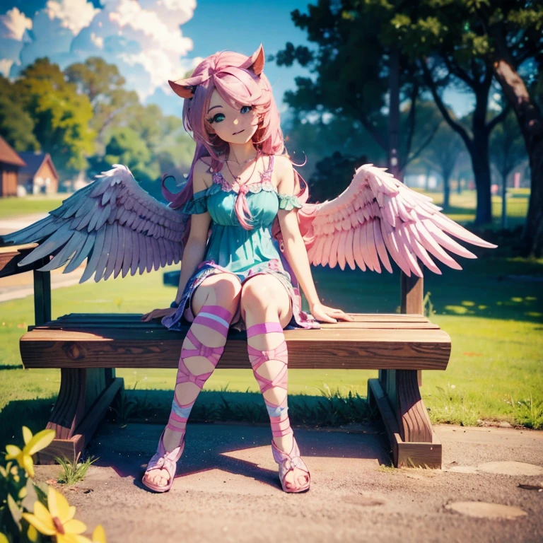 there is a woman auf einer Bank sitzen with wings on it, 3D im Anime-Stil, auf der Bank sitzen, auf einer Bank sitzen, realistischer Anime-3D-Stil, auf einer Parkbank sitzen, mit Hufen und Flügeln, Anime im Fantasy-Stil, Anime-Mädchen-Cosplay, 3D-Anime realistisch, Anime-Kostüm, Anime stilisiert, Anime-Stil gemischt mit Fujifilm