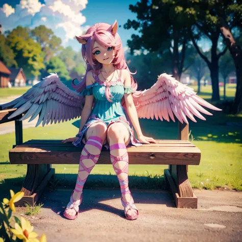 there is a woman sitting on a bench with wings on it, anime styled 3d, sitting on bench, sitting on a bench, realistic anime 3 d...